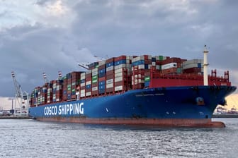 Ein Cosco-Frachter wird an das Containerterminal Tollerort geschleppt: Bis Ende des Jahres wird sich entscheiden, wie es am Hamburger Hafen weitergeht.