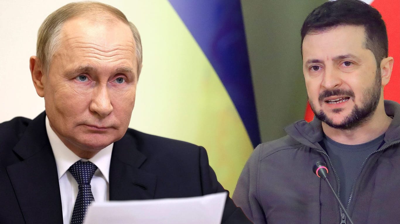 Wladimir Putin und Wolodymyr Selenskyj (Montage): Russland beschuldigt die Ukraine, schmutzige Bomben herzustellen.