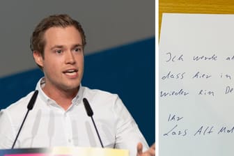FDP-Politiker Alt und Büro-Nachricht (Montage): Der junge Liberale hat mit einer letzten Geste aus seinem Landtagsbüro für Aufsehen gesorgt.