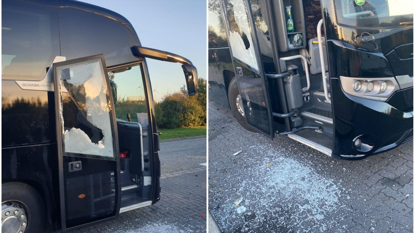 Der beschädigte Bus (Collage): Die Fans wurden mit Steinen und Flaschen attackiert.