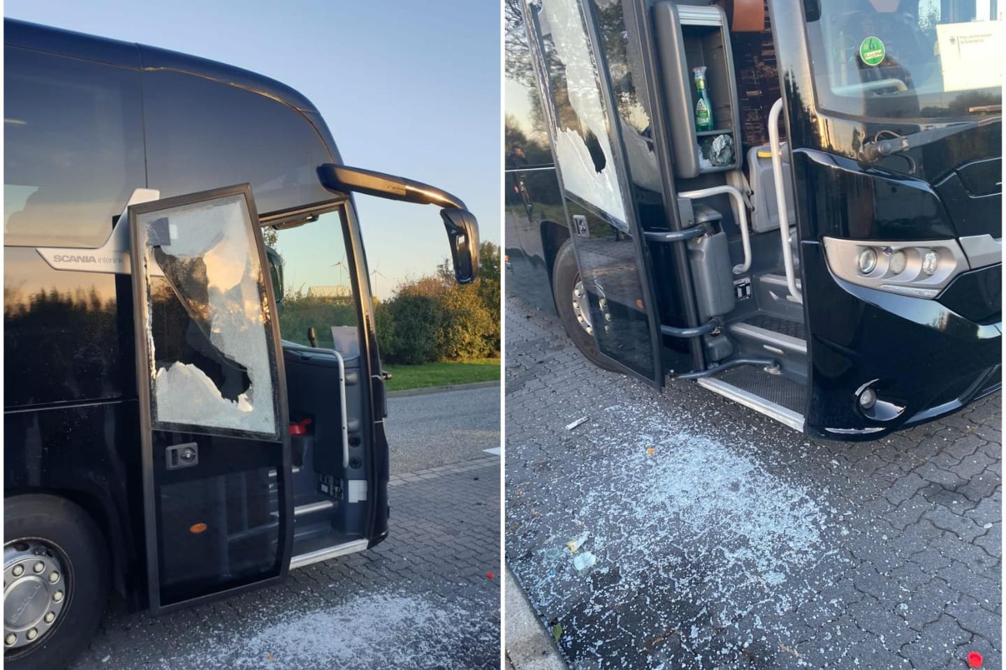 Der beschädigte Bus (Collage): Die Fans wurden mit Steinen und Flaschen attackiert.