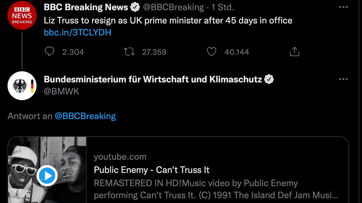 Ein Screenshot von Twitter zeigt den inzwischen gelöschten Tweet des Ministeriums.