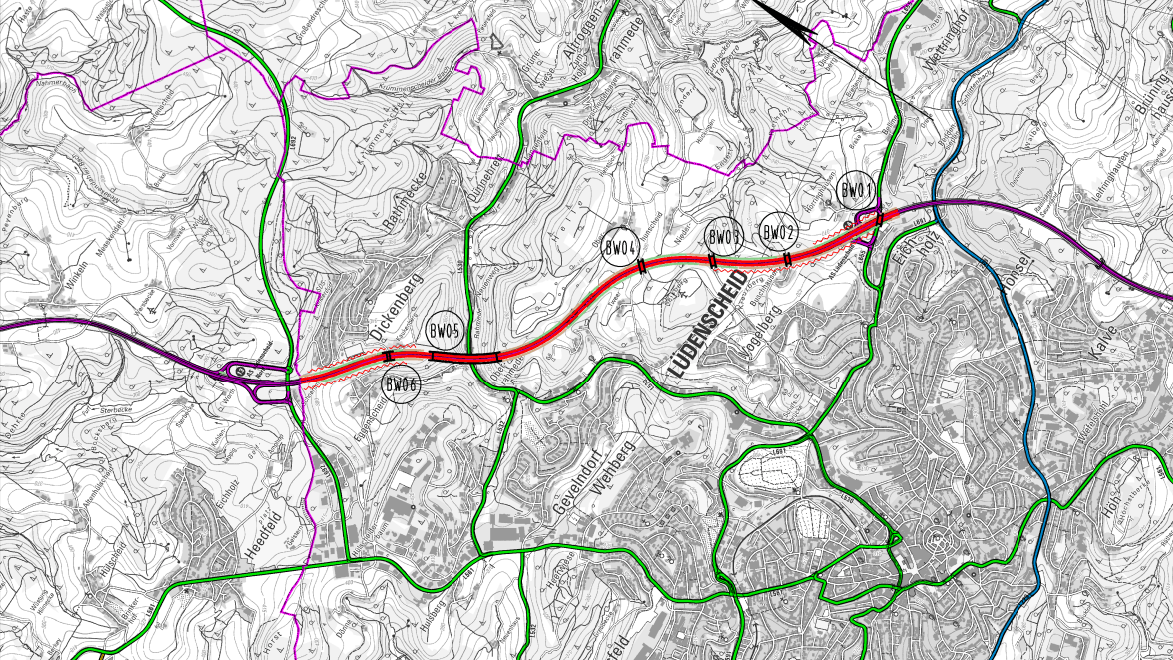 Lageplan der Regionalniederlassung Südwestfalen von Straßen.NRW: Zu sehen ist der Verlauf der A45 im Bereich Lüdenscheid.