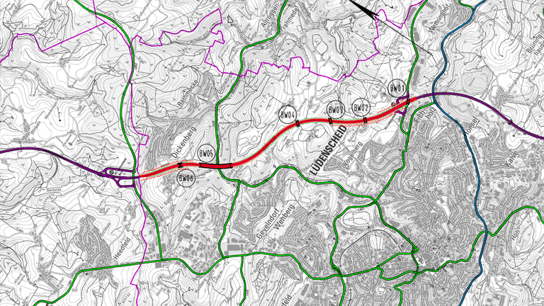 Lageplan der Regionalniederlassung Südwestfalen von Straßen.NRW: Zu sehen ist der Verlauf der A45 im Bereich Lüdenscheid.