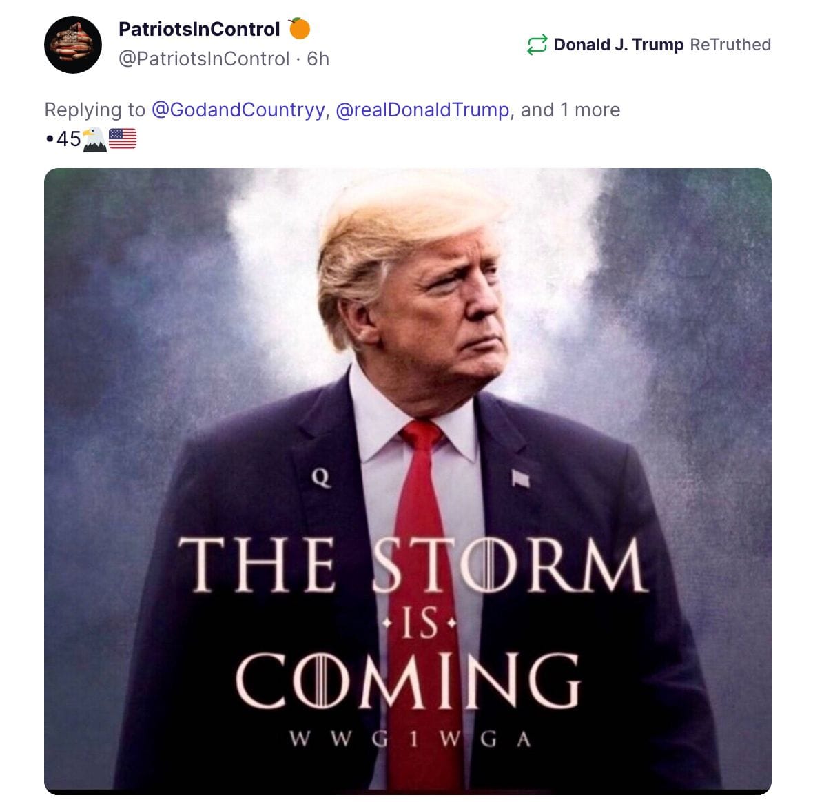"Der Sturm kommt": Dieses Bild mit QAnon-Bezügen teilte Trump auf seinem sozialen Netzwerk.