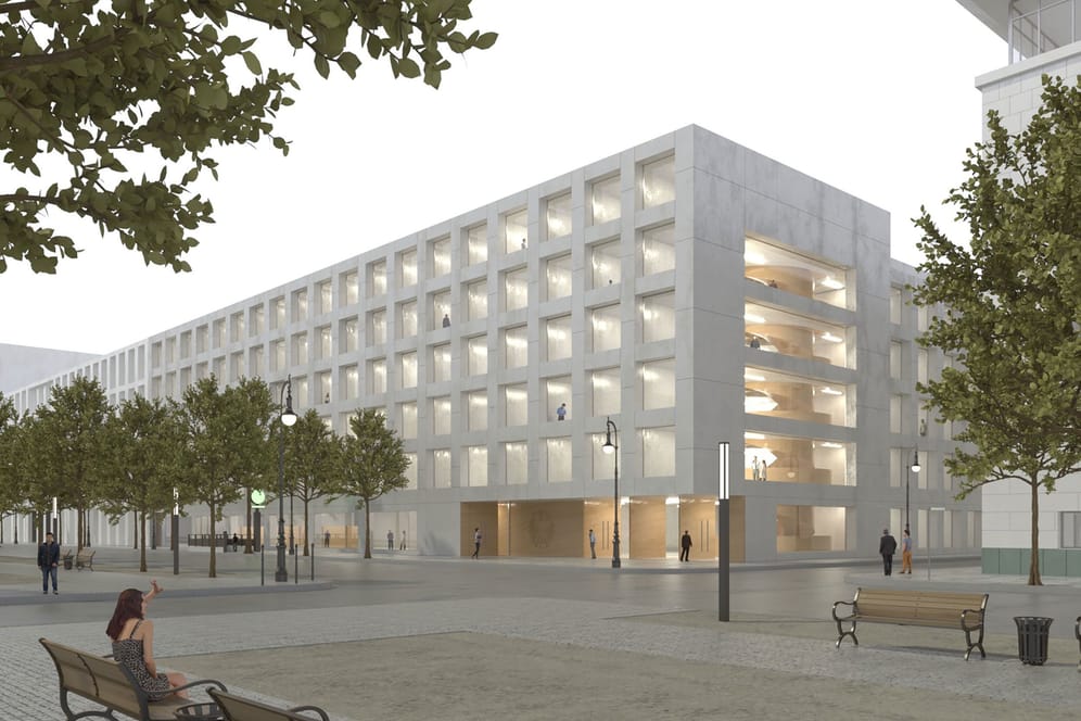 Ein Computer-Rendering des im Bau befindlichen Elisabeth-Selbert-Hauses: Der L-förmige Neubau für den Bundestag entsteht "Unter den Linden" in Berlin.