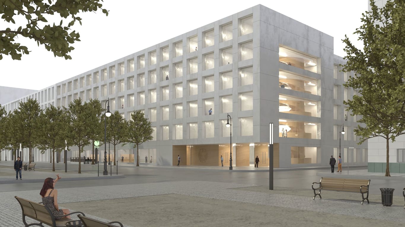 Ein Computer-Rendering des im Bau befindlichen Elisabeth-Selbert-Hauses: Der L-förmige Neubau für den Bundestag entsteht "Unter den Linden" in Berlin.