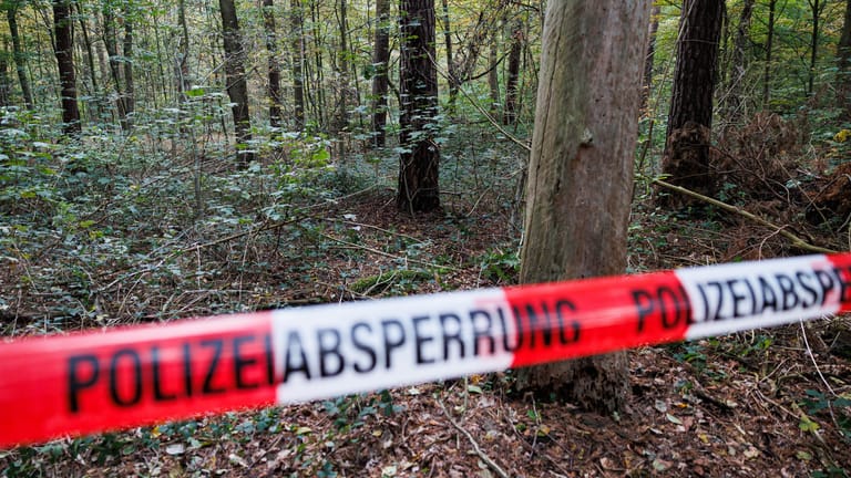 Ein Polizeiabsperrband sperrt den Bereich um den Fundort der Leiche ab. In einem Waldstück im Mecklenheider Forst wurde eine Leiche entdeckt.