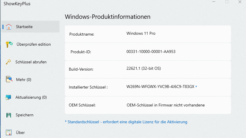 ShowKeyPlus: ShowKeyPlus ermittelt den Product-Key und weiß, ob Computer über eine gültige Lizenz verfügt.