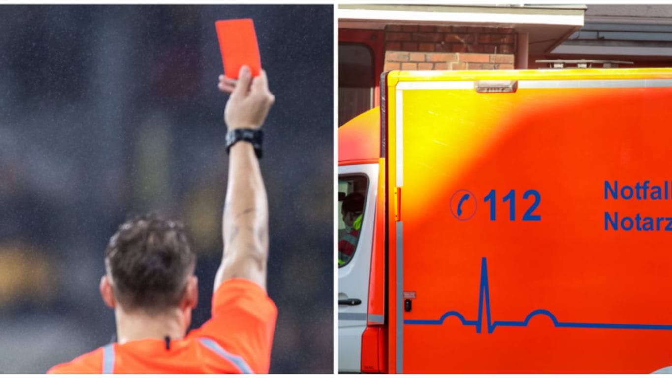 Rote Karte/Rettungswagen (Symbolbild): Unter anderem der Trainer der Gastmannschaft war an der Attacke beteiligt.