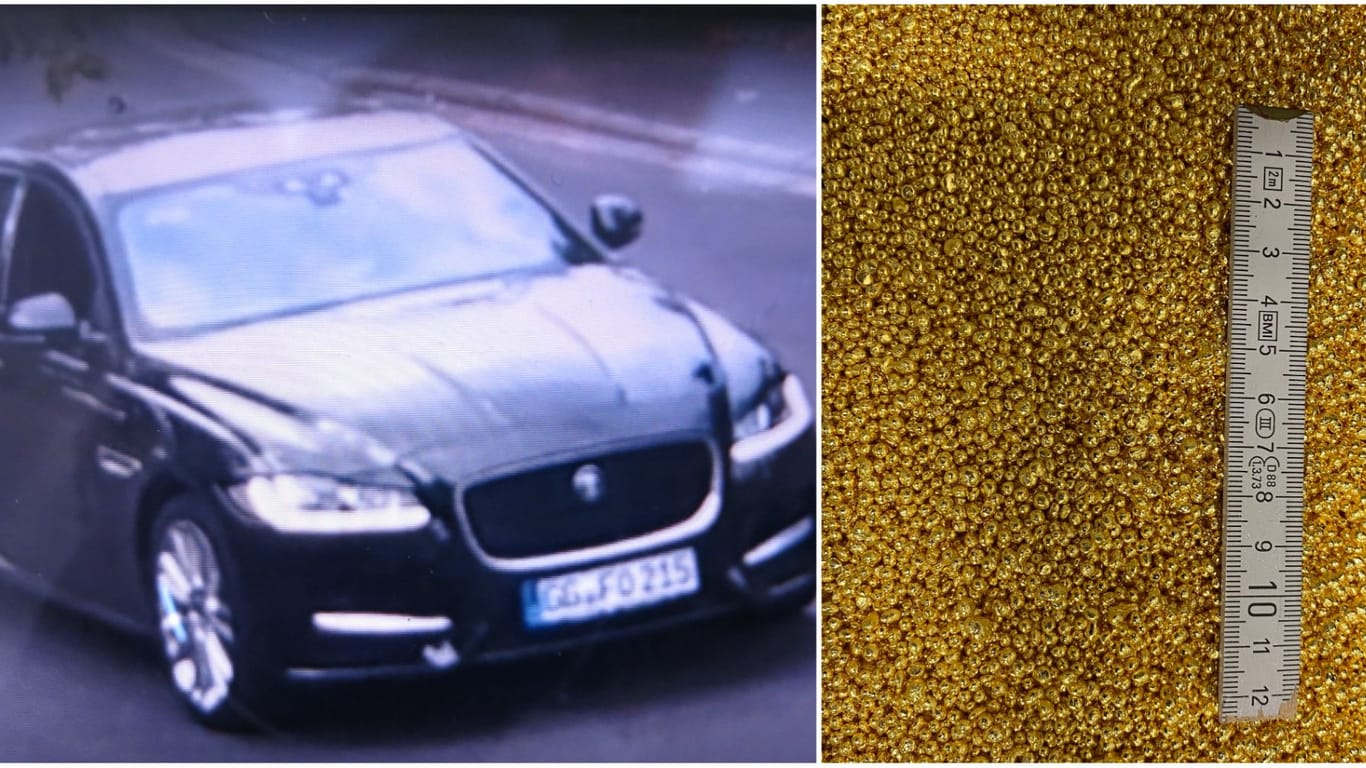 Eine Überwachungskamera hat den Jaguar der flüchtigen Täter gefilmt. Sie sollen mehrere Kilo Goldgranulat gestohlen haben. (Montage)