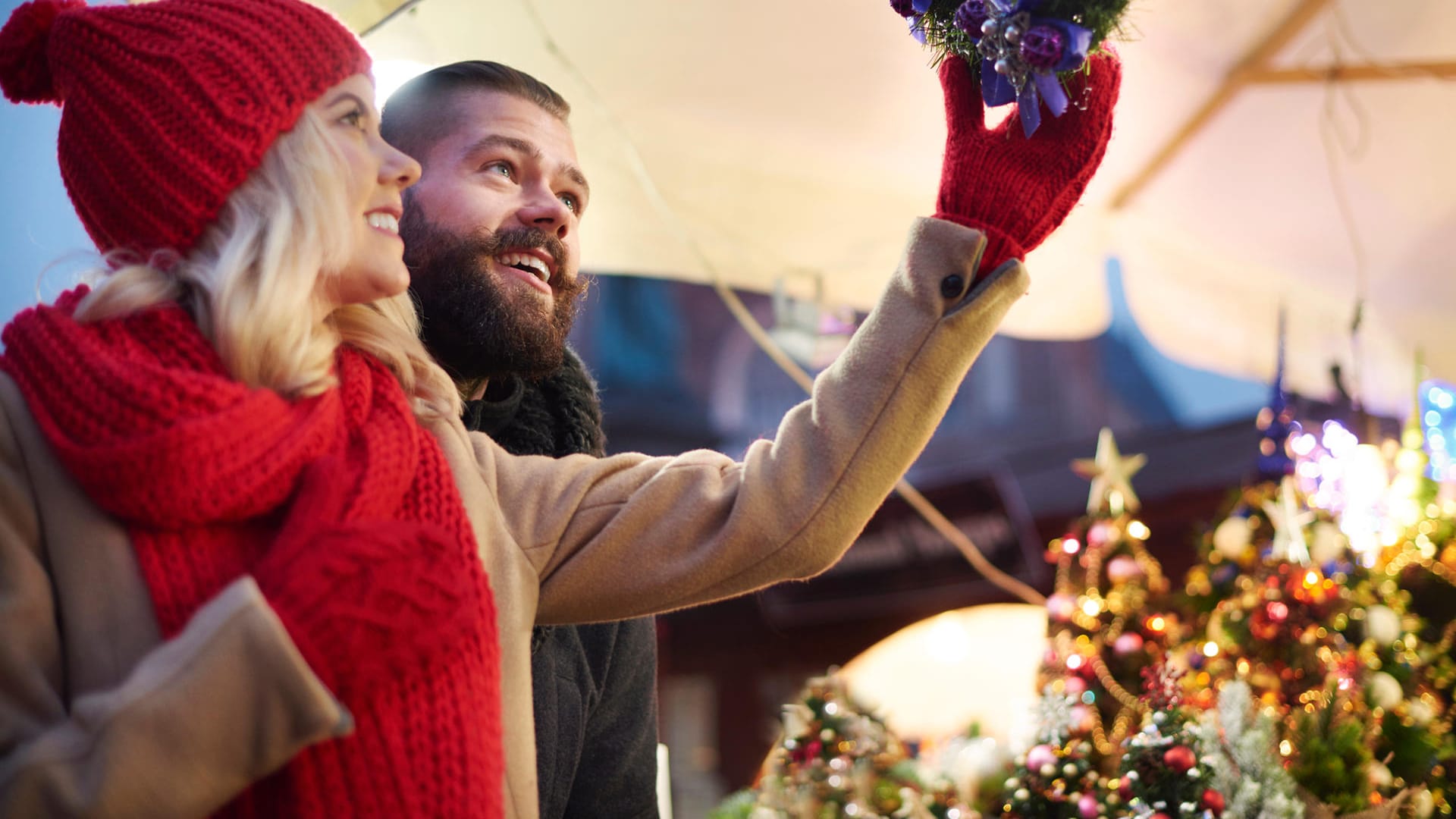 Looking up at christmas wreaths