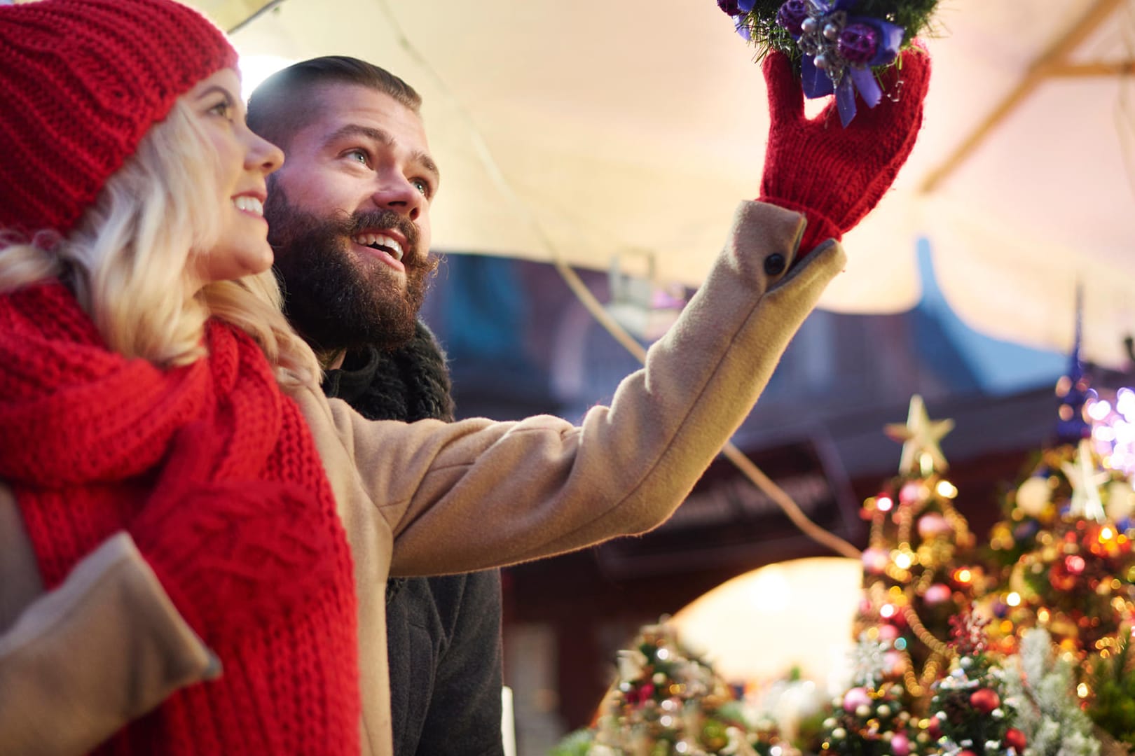 Looking up at christmas wreaths