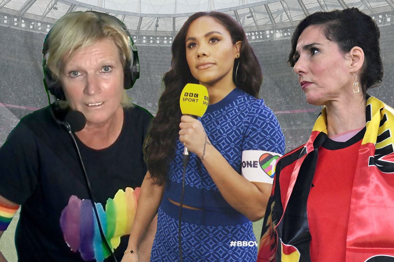 ZDF-Reporterin Claudia Neumann, Ex-Fußballerin Alex Scott und die belgische Außenministerin Hadja Lahbib zeigen sich bei der WM solidarisch.