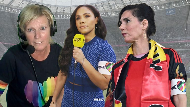ZDF-Reporterin Claudia Neumann, Ex-Fußballerin Alex Scott und die belgische Außenministerin Hadja Lahbib zeigen sich bei der WM solidarisch.