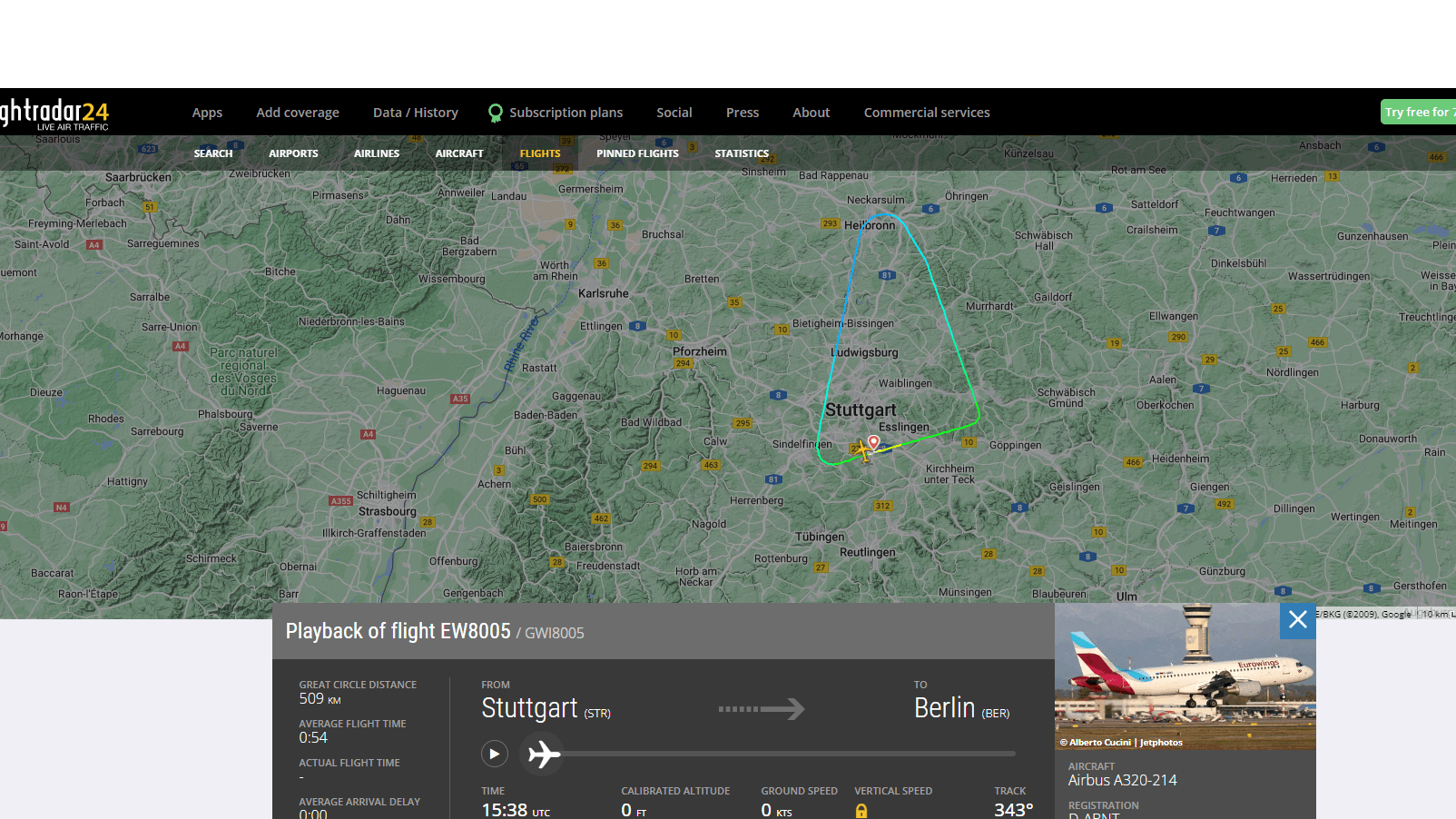 Route der Maschine EW8005 von Stuttgart nach Berlin.