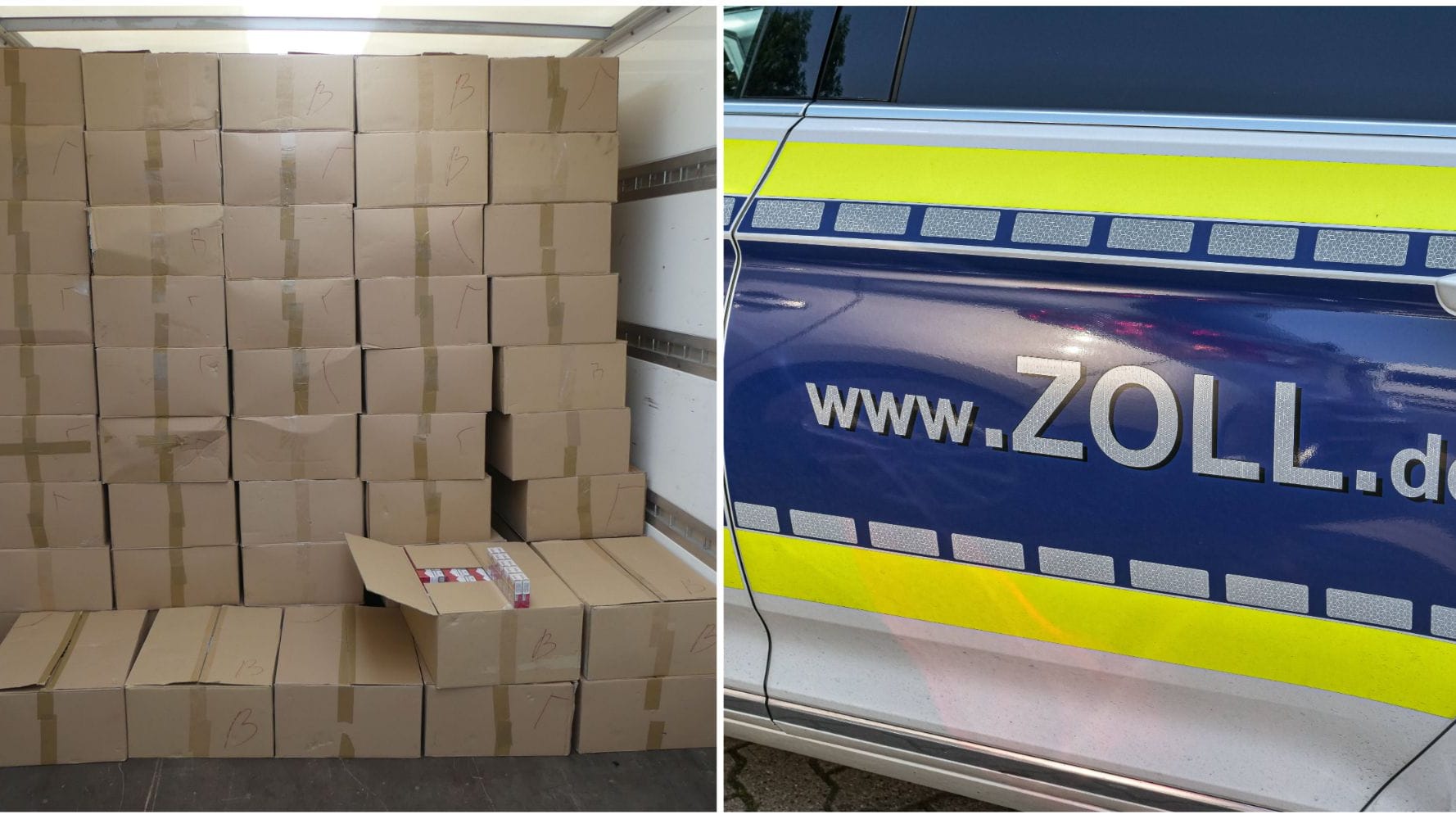 Ein Kleintransporter voller Kisten mit Zigaretten und ein Einsatzfahrzeug des Zolls (Montage): Dem Zoll Hannover gelang am Montag ein unerwarteter Schlag gegen den Zigaretten-Schmuggel. Ein Kleintransporter voller Kisten mit Zigaretten und ein Einsatzfahrzeug des Zolls (Montage): Dem Zoll Hannover gelang am Montag ein unerwarteter Schlag gegen den Zigaretten-Schmuggel.