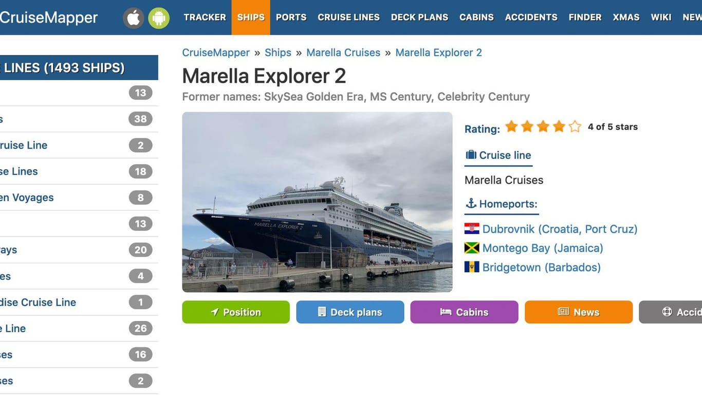 Cruisemapper.com: Auf der Webseite gibt es Routen von aktuell knapp 1.500 Kreuzfahrtschiffen weltweit