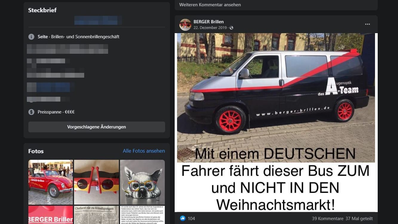 Screenshot der öffentlichen Facebook-Seite des Brillengeschäftes von Gebhard Berger: "... zum und nicht in den Weihnachtsmarkt"