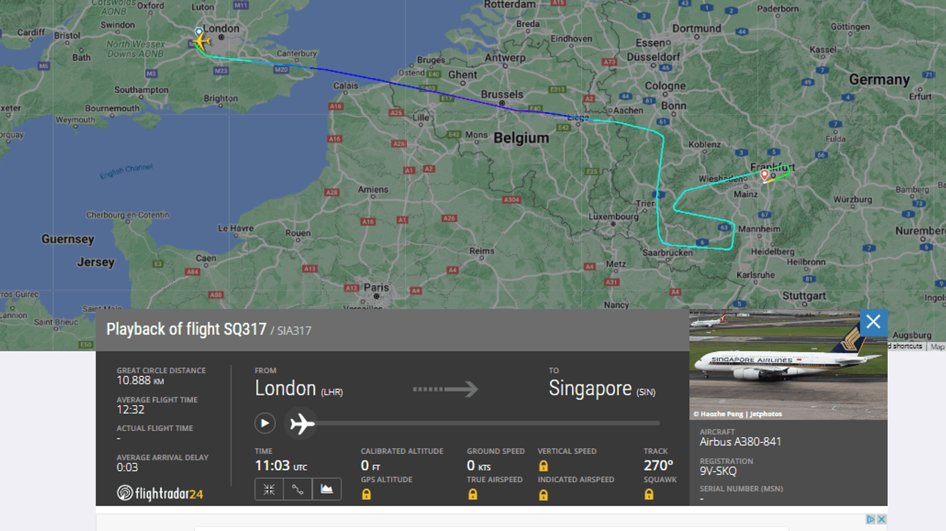 Der Airbus drehte noch eine Schleife über Saarbrücken und Mannheim, bevor er Kurs auf den Flughafen Frankfurt nahmen.