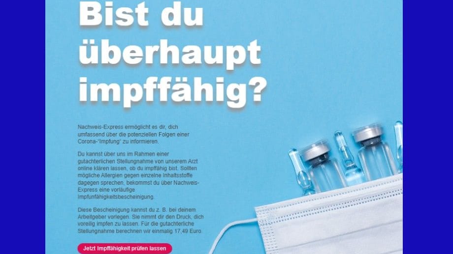 Impffähig? Die Seite sollte Nutzern eine vorläufig Impfunfähigkeit bescheinigen.