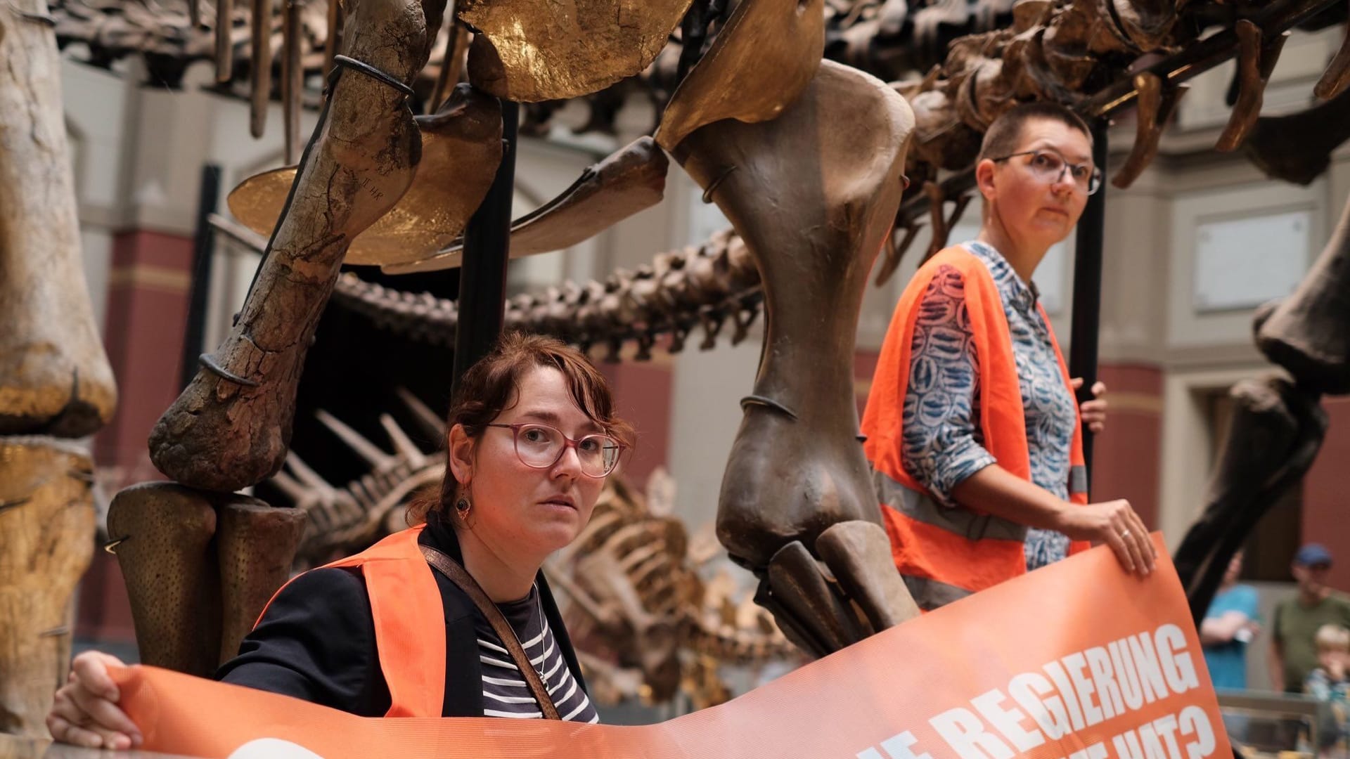 Zwei Aktivistinnen der "Letzten Generation" im Berliner Naturkundemuseum: Am 30. Oktober klebten sie sich an den Stahlträgern eines Dinosaurierskeletts fest.