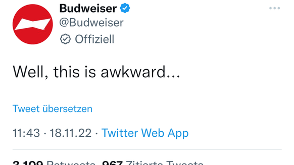 Der Budweiser-Tweet: Dieser Post wurde kurze Zeit später wieder gelöscht.