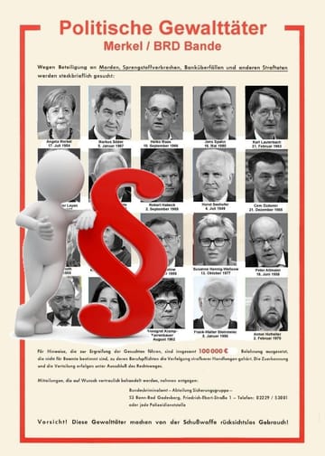 Ermittlungen: Wegen Teilen dieses Plakats mit führenden Politikern wird wegen des Verdachts der Verleumdung ermittelt. (Quelle: Screenshot Telegram, Montage t-online) Ermittlungen: Wegen Teilen dieses Plakats mit führenden Politikern wird wegen des Verdachts der Verleumundung ermittelt.