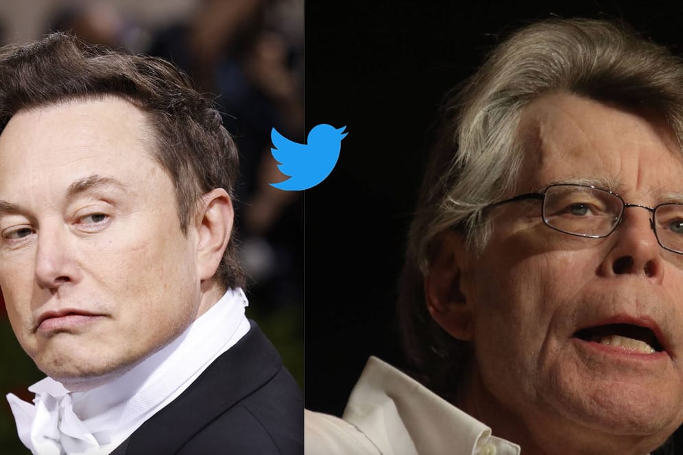 Elon Musk und Stephen King im Twitter-Streit: Offenbar muss der berühmte Autor King (r.) nicht für seinen blauen Haken zahlen.