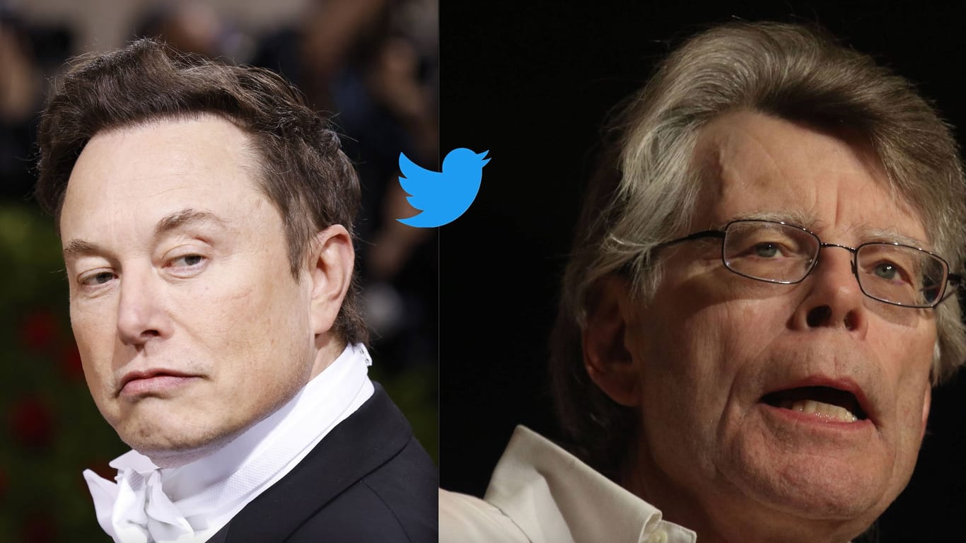 Elon Musk und Stephen King im Twitter-Streit: Offenbar muss der berühmte Autor King (r.) nicht für seinen blauen Haken zahlen.