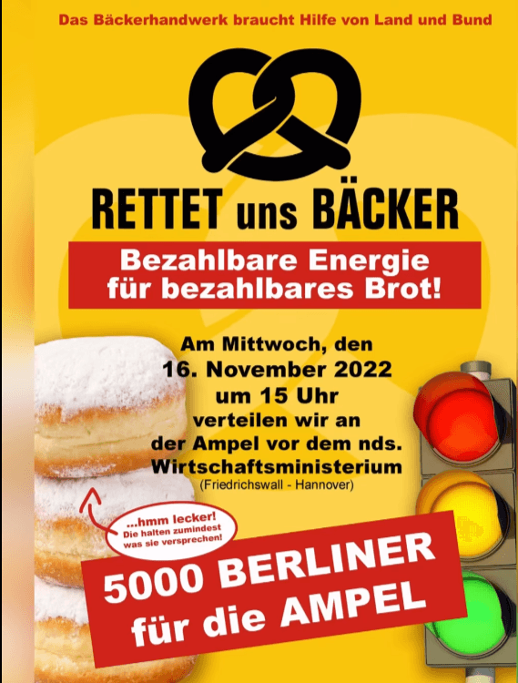 Demo-Ankündigung der Bäckerinnung: Am Mittwoch wollen zahlreiche Vertreter der Branche vor dem niedersächsischen Wirtschaftsministerium demonstrieren.