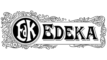 Edeka-Logo aus dem Jahr 1911: Das Warenzeichen Edeka wurde 1911 offiziell eingetragen. Die ursprüngliche Abkürzung und der neue vollständige Name wurde im ersten Edeka-Logo kombiniert. Das Kürzel "EdK" steht in einem Kreis. Viele Schnörkel und dekorative Details verzieren das Zeichen.