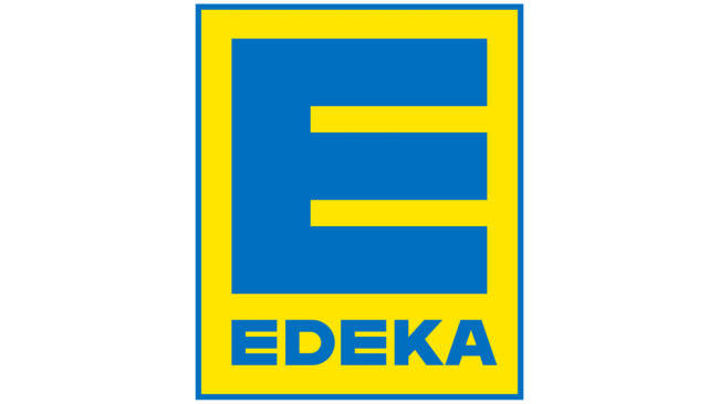 Edeka-Logo von 1968 bis heute: Für das bis heute verwendete Logo wurden viele Elemente entfernt. Zurück bleibt das berühmte große, blaue "E" auf gelbem Hintergrund mit dem Markennamen im unteren Bereich.
