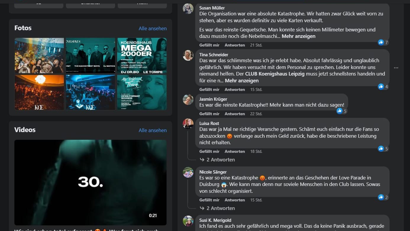 Screenshot der Facebookseite des Clubs Koenigshaus: "erinnerte an das Geschehen der Love Parade in Duisburg"