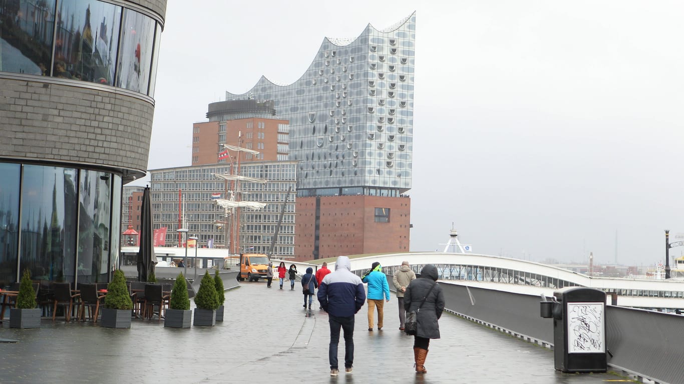 Passanten schlendern bei Regen die Hafenpromenade entlang (Archivbild): Im Norden könnten die Temperaturen unter den Nullpunkt sinken.