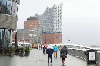 Passanten schlendern bei Regen die Hafenpromenade entlang (Archivbild): Im Norden könnten die Temperaturen unter den Nullpunkt sinken.