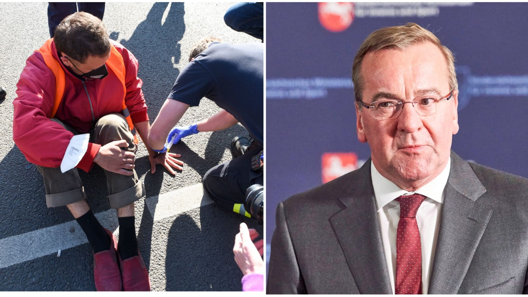 Klima-Aktivisten, die sich auf Verkehrsknotenpunkte kleben, beschäftigen Niedersachsens Innenminister (Montage): Boris Pistorius (SPD) spricht sich gegen Haftstrafen aus. Klima-Aktivisten, die sich auf Verkehrsknotenpunkte kleben, beschäftigen Niedersachsens Innenminister (Montage): Boris Pistorius (SPD) spricht sich gegen Haftstrafen aus.