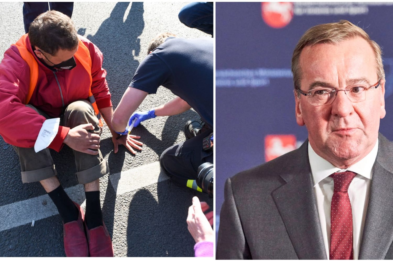 Klima-Aktivisten, die sich auf Verkehrsknotenpunkte kleben, beschäftigen Niedersachsens Innenminister (Montage): Boris Pistorius (SPD) spricht sich gegen Haftstrafen aus.
