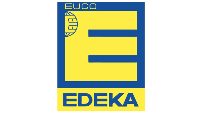 Edeka-Logo von 1965 bis 1968: Im Jahr 1965 überraschte Edeka mit einem völlig neuen und dem heute ähnelnden Logo. Es ist das Ende der Serifenschrift. Von nun an verwendete Edeka serifenlose Buchstaben. Der Fokus liegt auf dem großen, gelben "E" in einem dunkelblauen Quader vor blauem Hintergrund. In der oberen Ecke ist ein weiteres "E" in einer Weltkugel zu finden. Etwas höher steht das Wort "Euco". In einem gelben Rechteck steht mit blauer Aufschrift der Markenname.