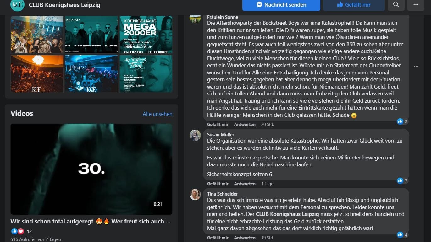 Facebook-Screenshot nach der Backstreet-Boys-Party: "Wie Ölsardinen aneinander gequetscht"