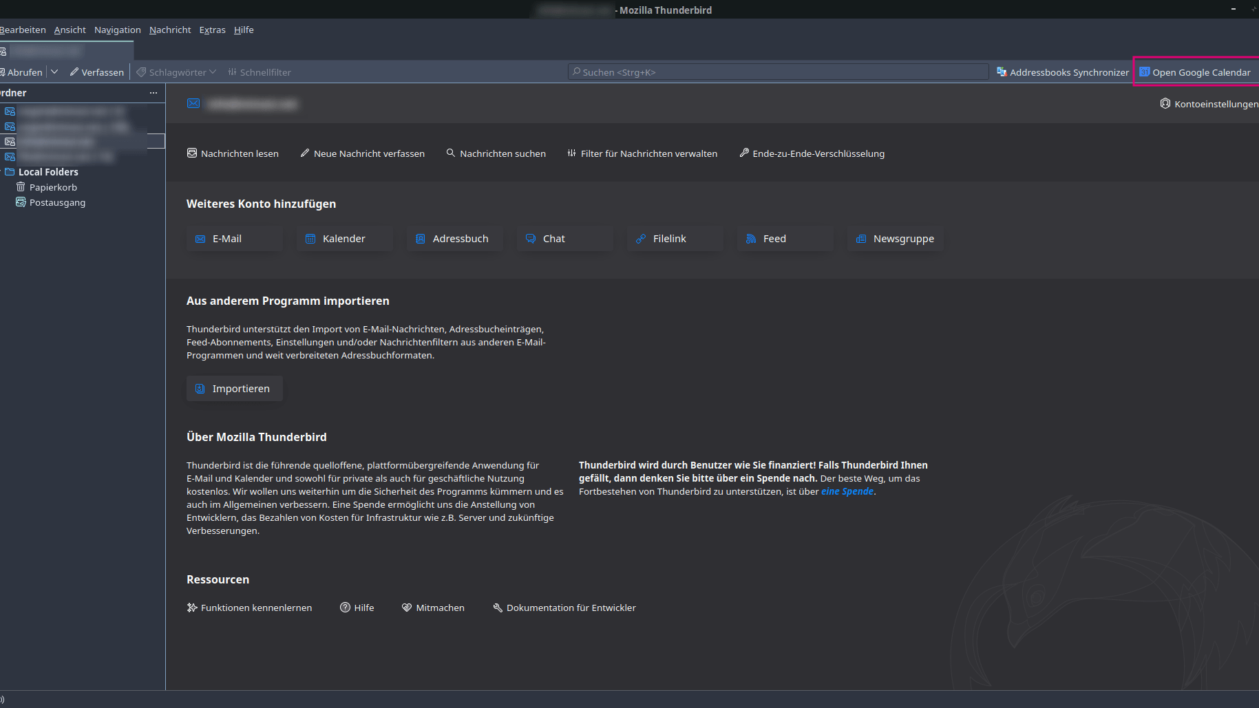 Zum Google Kalender gelangen Sie unter Thunderbird mittels des Add-ons "Open Google Calendar".