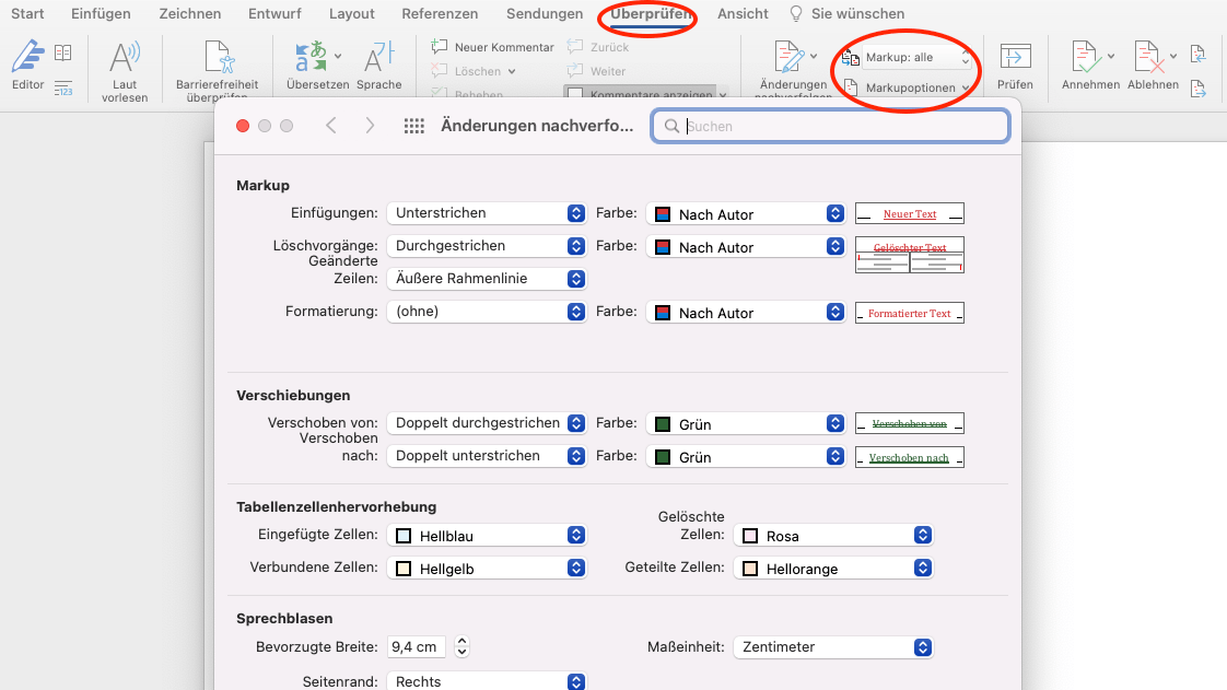 Markupoptionen in Microsoft Word