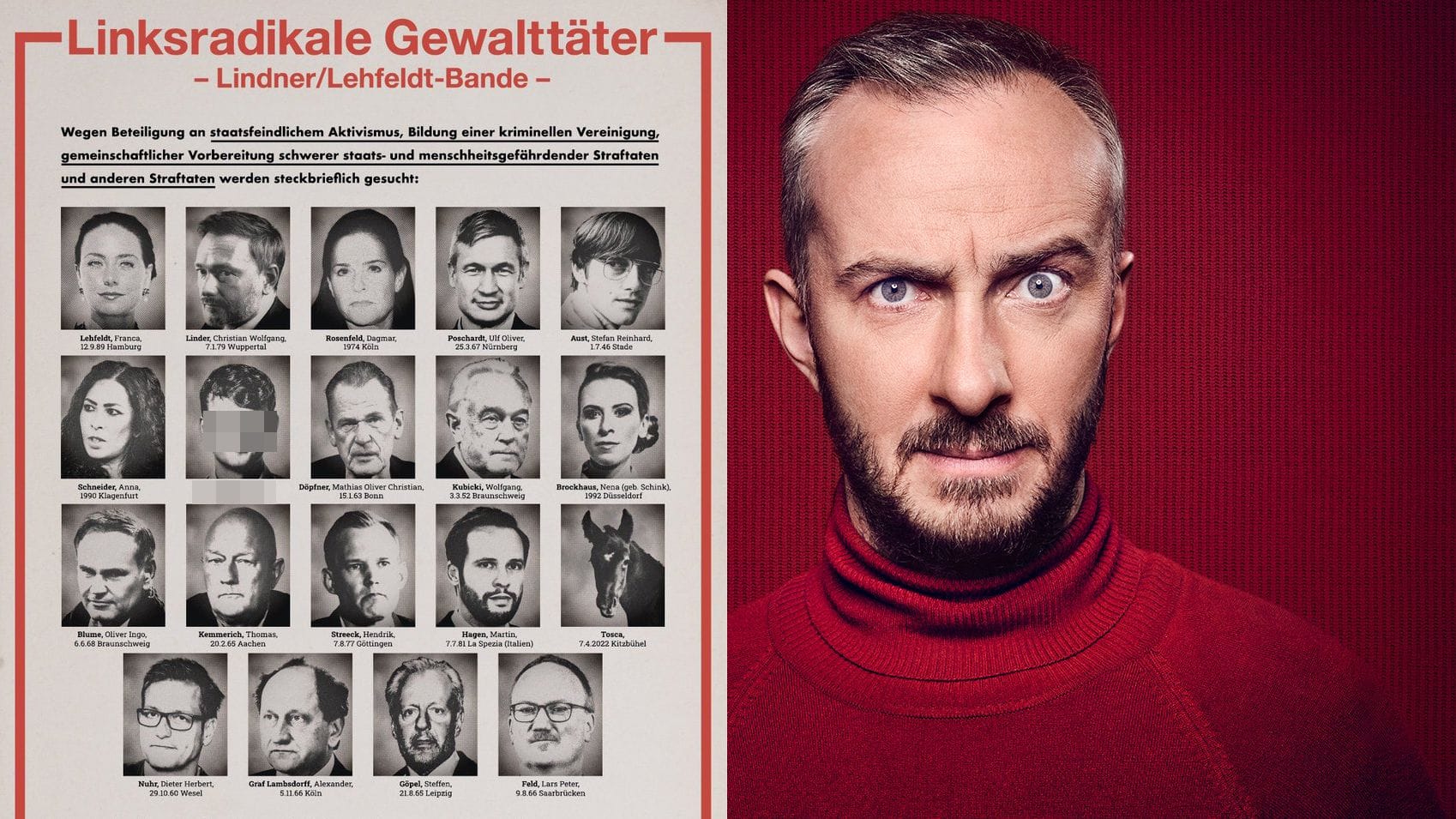 Jan Böhmermann und das umstrittene Plakat: Der Satiriker hat ein gespaltenes Verhältnis zu Fahndungsaufrufen.