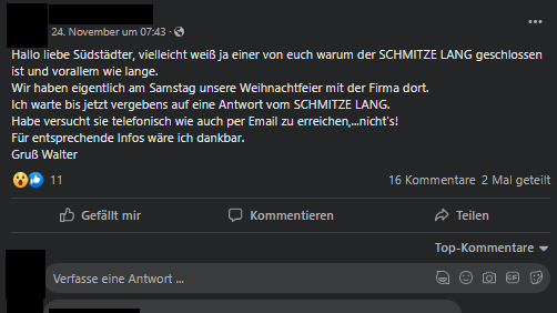 Ärger auf Facebook: In dem sozialen Netzwerk rätseln Nutzer über die Schließung (Quelle: facebook.com/groups/MeineSuedstadt).