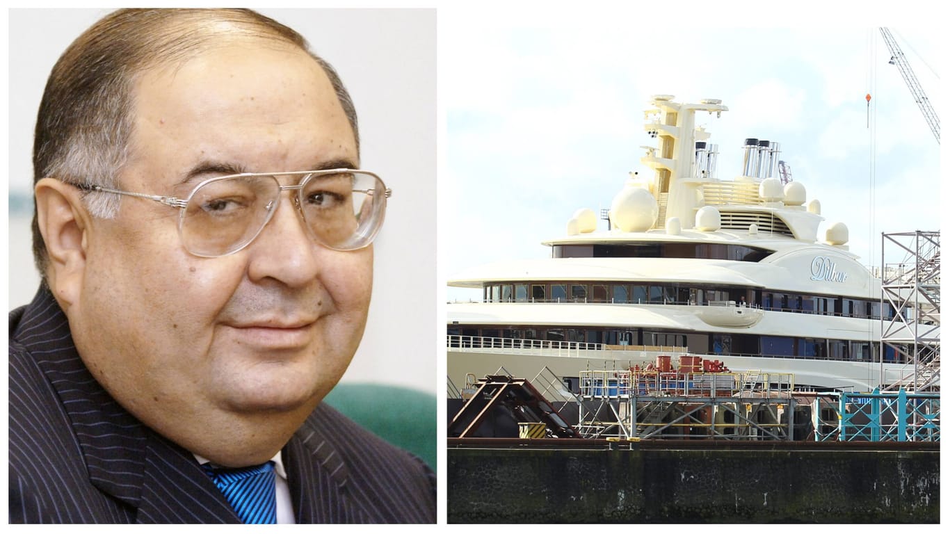 Der russische Oligarch Alisher Usmanov und seine Jacht "Dilbar" im Hamburger Hafen (Archivbild): Zur Ausstattung des Schiffes gehören Kunstschätze.