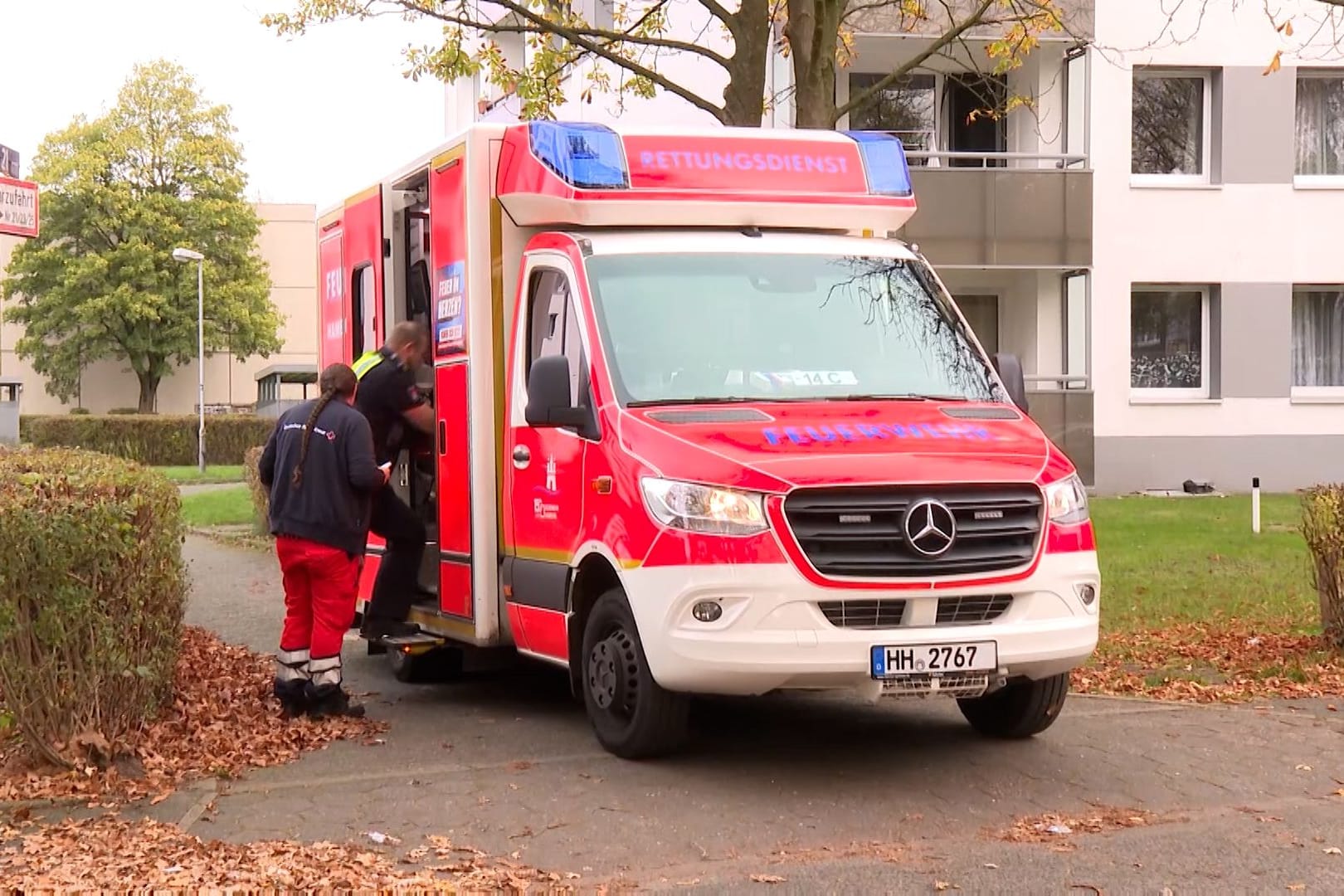 Ein Rettungswagen steht in einer Einfahrt: Eine Frau musste nach einem Angriff ins Krankenhaus gebracht werden.