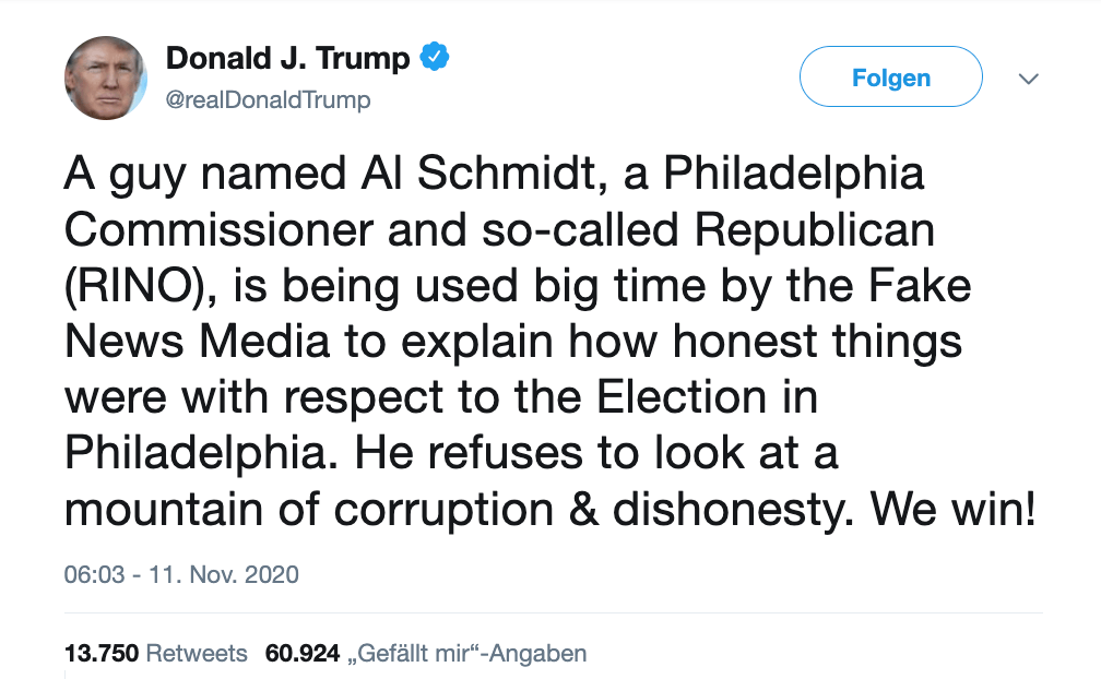Tweet von Donald Trump, der sich gegen Al Schmidt richtete