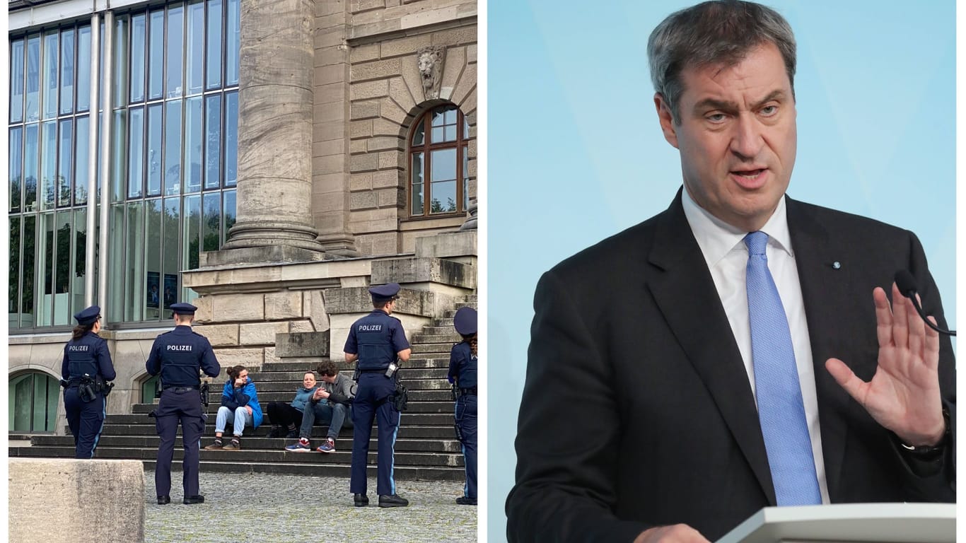 Polizeieinsatz vor der Staatskanzlei, in der Markus Söders Amtssitz ist: Tags zuvor hatte er noch angekündigt, Klimaaktivisten kleben lassen zu wollen, am Montag kamen diese dann zu ihm.