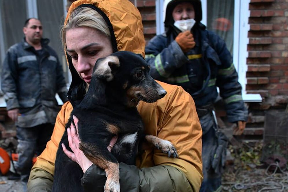 Eine Frau in der ukrainischen Stadt Mikolajew rettet einen Hund aus einem Gebäude, das mutmaßlich von einer russischen Rakete getroffen wurde.
