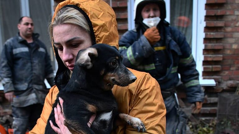 Eine Frau in der ukrainischen Stadt Mikolajew rettet einen Hund aus einem Gebäude, das mutmaßlich von einer russischen Rakete getroffen wurde.
